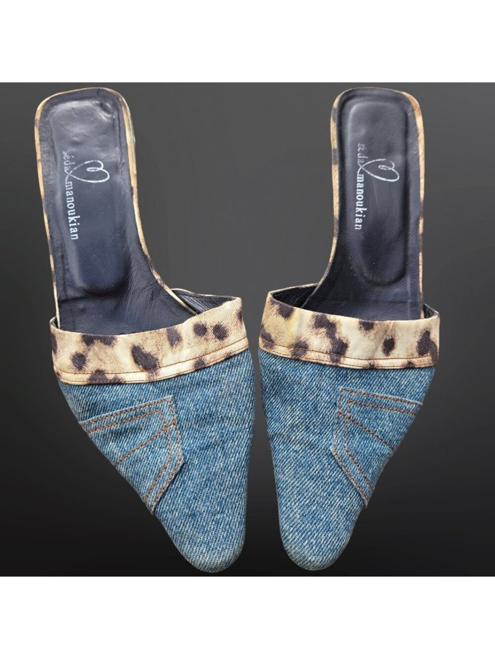 Y2K Seda Manoukian Denim Kitten Heel Mules Leopard Trim 38 US 7.5 Pointed Toe